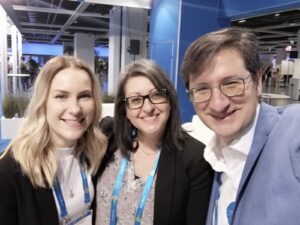 Jane Roussak with the EGU 2024 Programme Committee co-chairs Athanasios Nenes and Maria-Helena Ramos