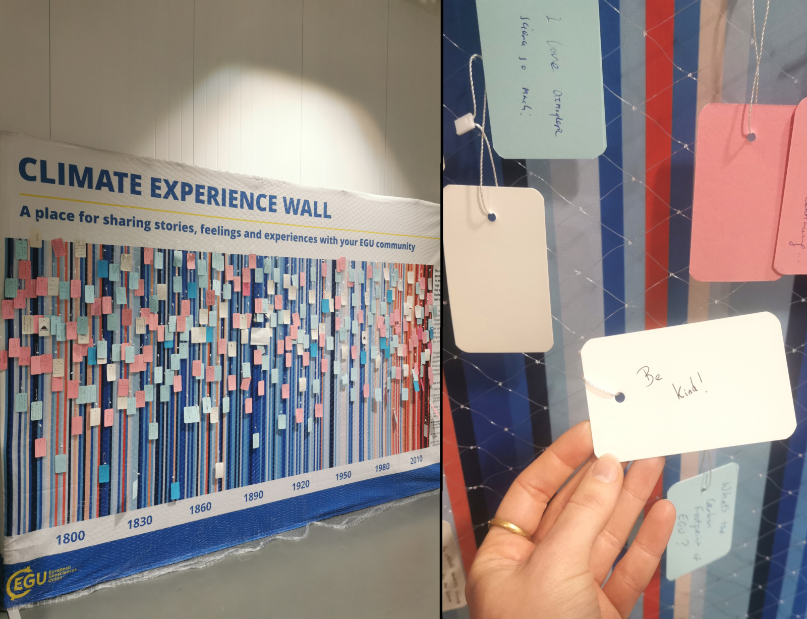 The left photo shows a wall with the climate stripes (blue to red) and a lot of message tags left on it. The right photo zooms in onto a message tag that says "Be Kind!"