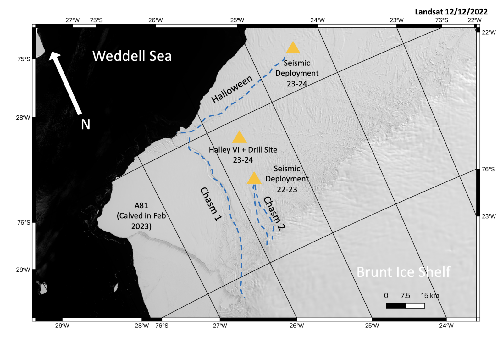 A map showing the Weddell Sea and the Brunt Ice Shelf with the chasm 1 and 2 and Halley VI close to the two huge calved icebergs.