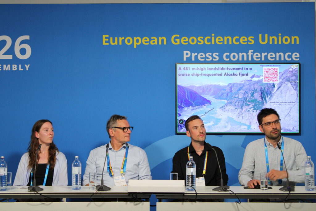 The image shows speakers presenting their work during the EGU26 Press Conference 5.