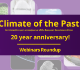 Banner image, purple on yellow text: Climate of the Past, an open-access, not-for-profit journal of the European Geosciences Union. 20 year anniversary! Webinars Roundup.