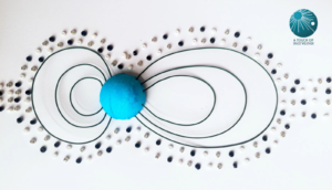 Blue ball representing earth with uneven concentric rings to the left and right (the right side is larger) surrounded by dots on a white background.
