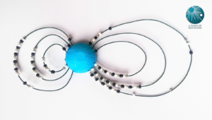Blue ball representing earth with uneven concentric rings to the left and right (the right side is larger) with black and white dots on the circles near the blue ball on a white background.
