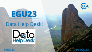 EGU two rocks with a river between image with text EGU23 data Help desk and the Data Help Desk logo