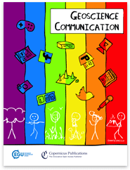A colourful graphic with vertical stripes of purple, blue, green, yellow, orange and red. The words Geoscience Communication are at the top, with various small icons and stick figures below.