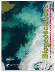 Satellite image of swirling turquoise and deep blue water patterns mixing with white clouds. The word Biogeosciences is written vertically in yellow text on the right.