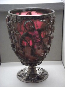 The Lycurgus Cup - a 4th-century Roman glass cage cup , which shows a different colour depending on whether or not light is passing through it; red when lit from behind and green when lit from in front due to the incorporation of nanoparticles - You can go and see it in the British Museum!