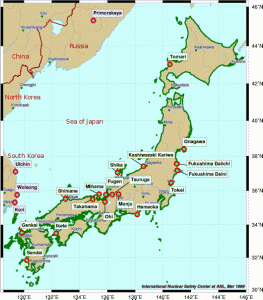 Location of Japanese nuclear power plants in 2006 - Source: PD-USGOV, Wikimedia Commons.