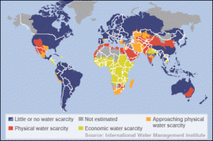 Map of the global distribution of economic and physical water scarcity as of 2006. Source - Wikimedia Commons