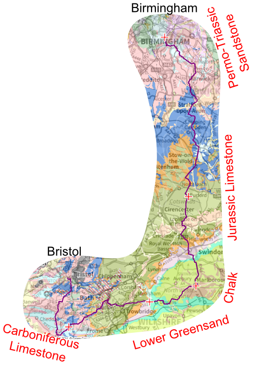The cycle route (Map adapted from BGS Bedrock Geology Map)