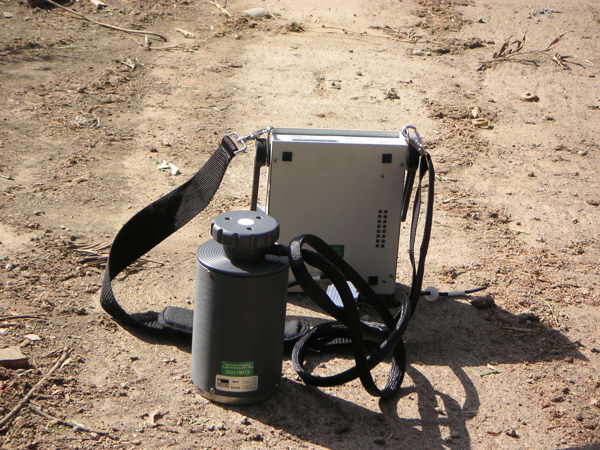 Soil gas measurement using an accumulation chamber, with a PP systems chamber and portable gas analyser.