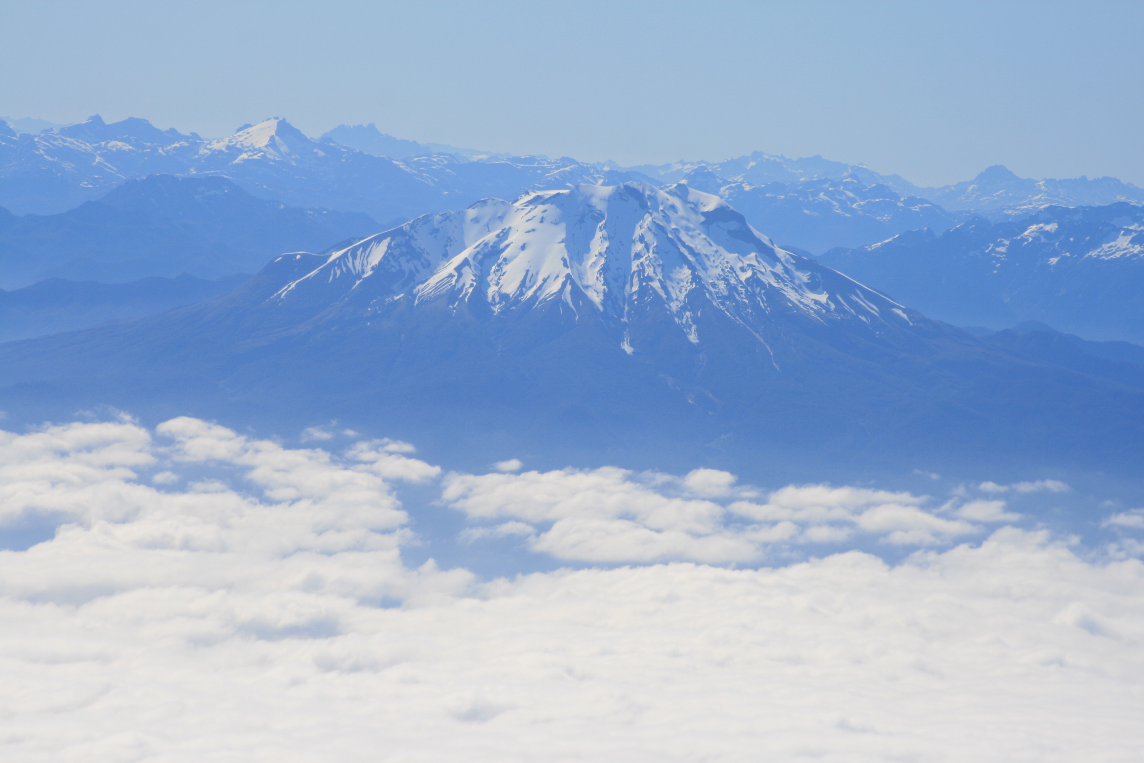 Volcan Calbuco (foreground), viewed on approach to Puerto Montt airport