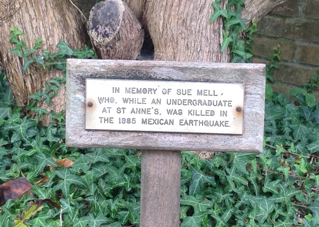 Simple memorial to Sue Mell, undergraduate at St Anne's College, Oxford. 