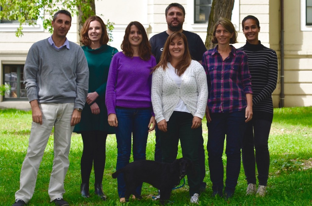 The EGU Office Team. From left to right: Philippe, Sarah, Bárbara, Robert, Laura, Christine and Leslie. Skye, in the front, is the energetic EGU office dog. (Credit: Bárbara Ferreira/EGU).