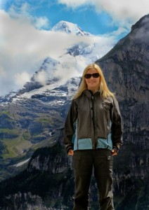 Jen in the Swiss Alps (Jungfrau peeking through the clouds)