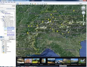 Screen capture of the GoogleEarth KML file included as Supplementary Information. The high number of published lake palaeoflood records from the European Alps is evident!