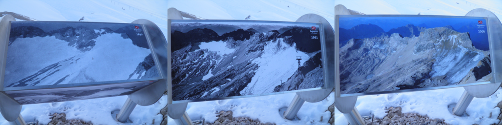 The retreat of Schneeferner glacier  is illustrated in one of the educational displays.  On the right, a photograph of the extent of the glacier in 1890; centre image taken in 1961 and left image shows the glacier in 2006.