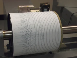 A seismogram being recorded by a seismograph at Weston Observatory in Massachusetts, USA.