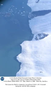 The Larsen ice shelf in Antarctica, viewed from NASA's DC-8 aircraft. Photograph by Jim Ross for NASA, distributed under a  CC-BY 2.0 license.