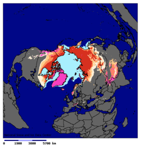 Location of Northern Hemisphere permafrost. Glaciers and ice sheets are in violet and sea ice in light blue. Source - NSIDC, Wikimedia Commons.