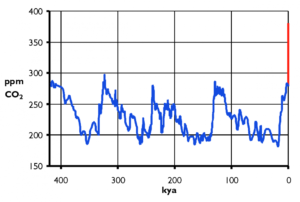 Atmospheric CO2 during the past 417,000 years (417 kyr). Blue: CO2 records from ice cores drilled at the Vostok station in Antarctica; Red: CO2 increase to 380 ppm between 1800 and today due to anthropogenic emissions from fossil fuels-  Source: Hanno, Wikimedia Commons.