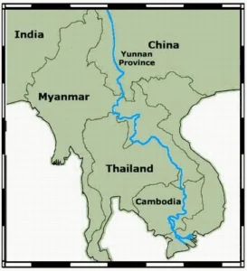 Map of the Mekong River - The long and complicated route of the Mekong river and its intersection with many borders shows the complexity of water management. Source - Wikimedia Commons