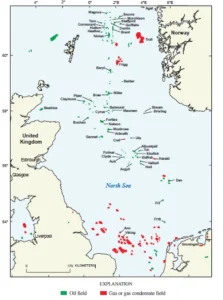 North Sea oil and gas fields distribution. Source - Wikimedia Commons.