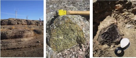 FInca La Nava (left), a matrix-supported carbonatite tuff in which country rock fragments, juvenile silicate lapilli and mantle debris are set within an igneous carbonate matrix. Direct and rapid eruption from the mantle is indicated by an abundance of large mantle xenoliths (centre), and phlogopite and amphibole (right) xenocrysts.