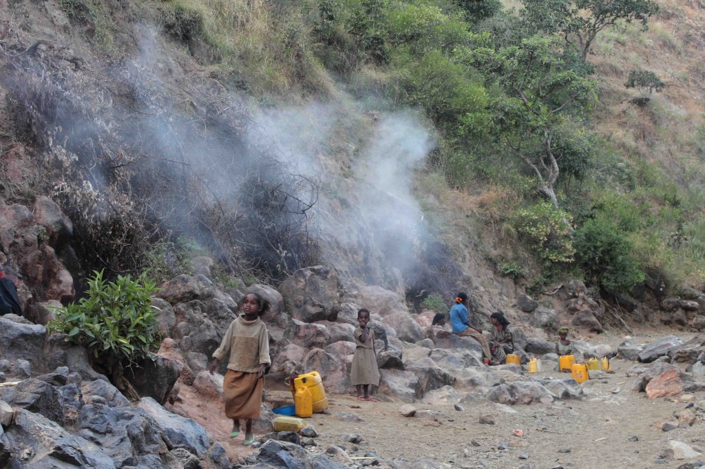 Steam emanating from volcanic rocks at Alutu volcano, Ethiopia. Locals condense the steam to provide drinking water Credit: Elspeth Robertson