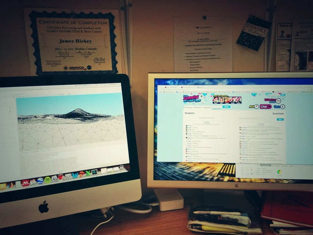 Attempting to muti-task. Volcano modelling on the left and 'I'm a scientist' on the right.