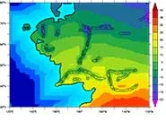 Climate model prediction of annual average temperature (in Centigrade) of Middle Earth. Credited University of Bristol Press release