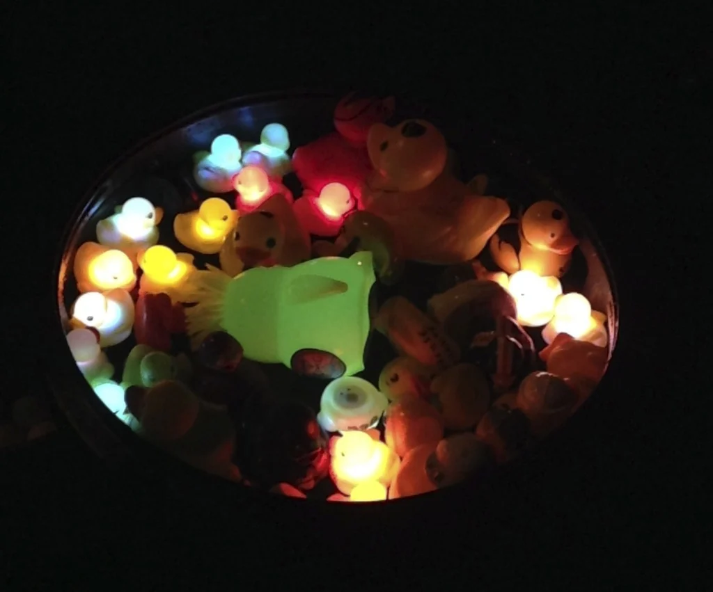 The institutional rubber ducks in the volcano dustbin glowing before blast off. Image credit: James Hickey.