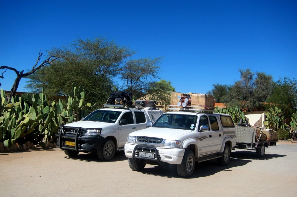 All ready for action! The two trucks all loaded up with equipment for setting up five complete sites, pictured here outside Solitaire, Namibia. (Credit: A. Dansie)