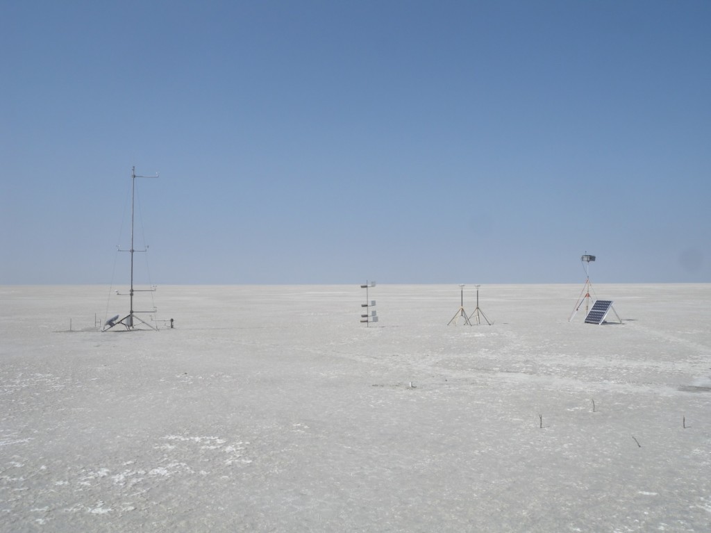 Typical setup of DO4 Models dust specific automatic weather stations shown here installed on Makgadikgadi Pans, Botswana in 2011. (Credit: F. Eckardt)