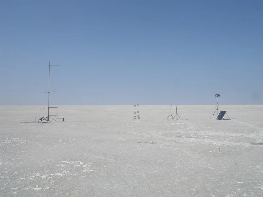 Typical setup of DO4 Models dust specific automatic weather stations shown here installed on Makgadikgadi Pans, Botswana in 2011. (Credit: F. Eckardt)
