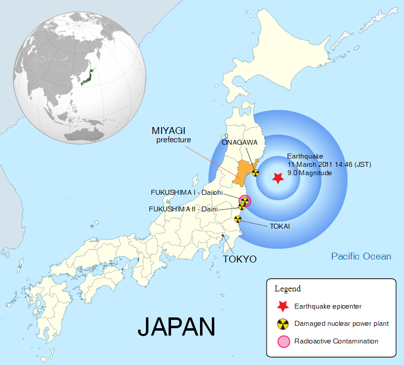 The location and impact of the March 2011 earthquake in Japan (click for larger). (Credit: Wikimedia Commons users W. Rebel and Jon C)
