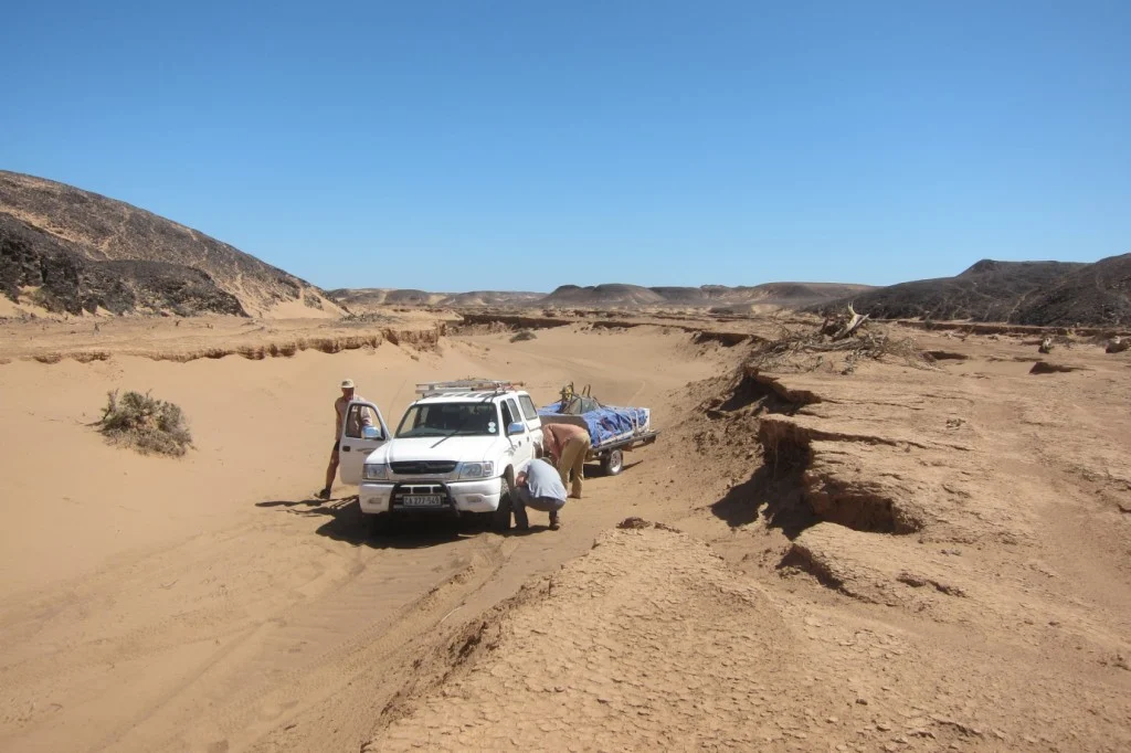 The treacherous driving conditions along the Huab River, here navigating the older river terraces. (Credit: A. Dansie)