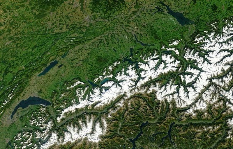 Satellite image of the Swiss Alps, taken in September 2002. The northern peaks are snow covered above 2000 metres, but there is little or no snow on the peaks further south. (Credit: NASA)