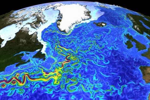 “Surface currents in the North Atlantic” by Erik Behrens. The red colours indicate speeds of about 1.5 m/s, yellow around 0.7 m/s and green 0.3 m/s. Lower speeds become transparent, and you only see the ocean floor below (dark blue). The image is intended for the public and is distributed by the EGU under a Creative Commons licence. 