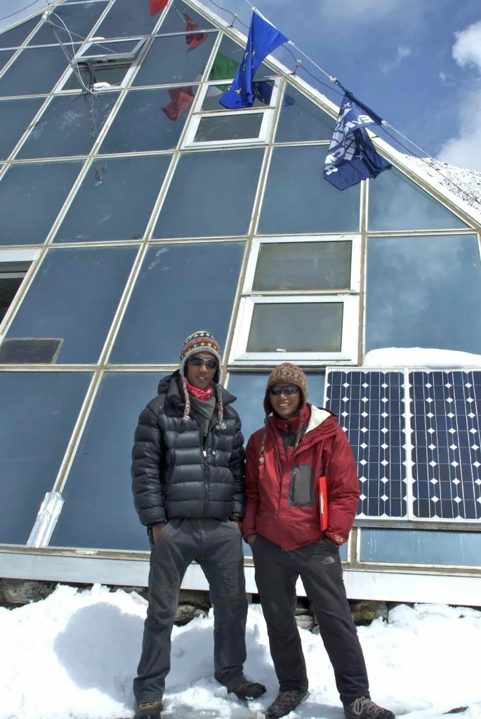 The Nepalese staff, such as Pema Sherpa (right) and Lakpa Sonam, have a crucial role in keeping the equipment functional all year round. (Credit: Jane Qiu)