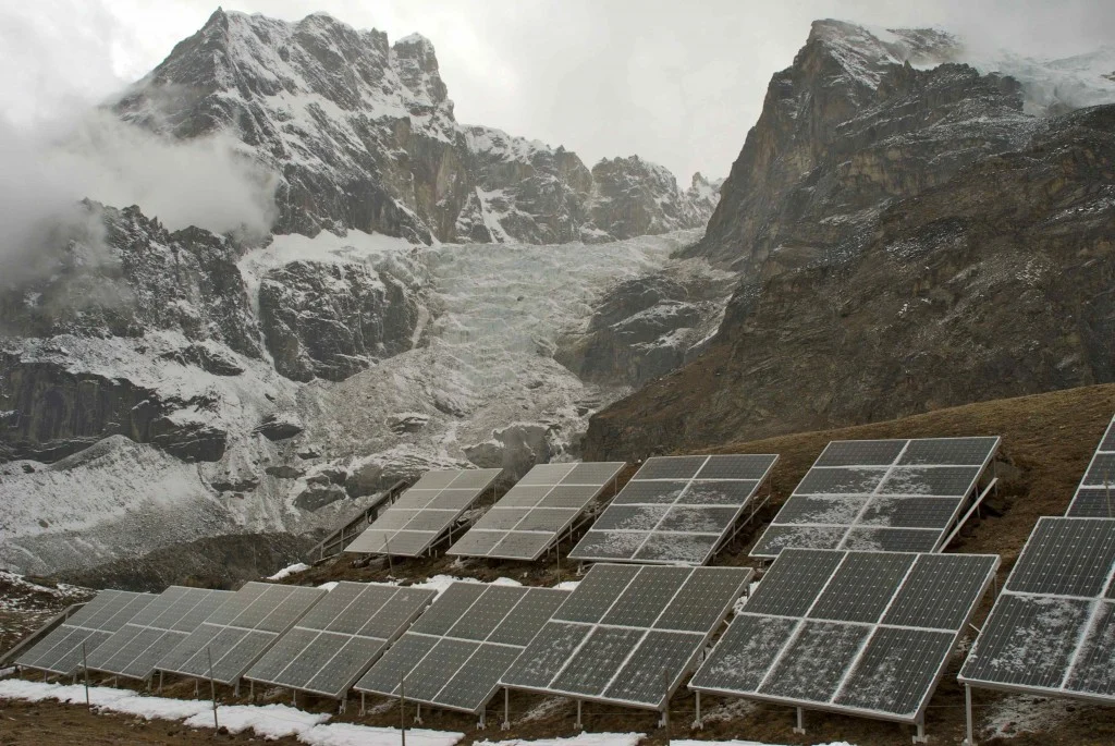 Solar panels against the backdrop of the Khumbu Glacier. (Credit: Jane Qiu)