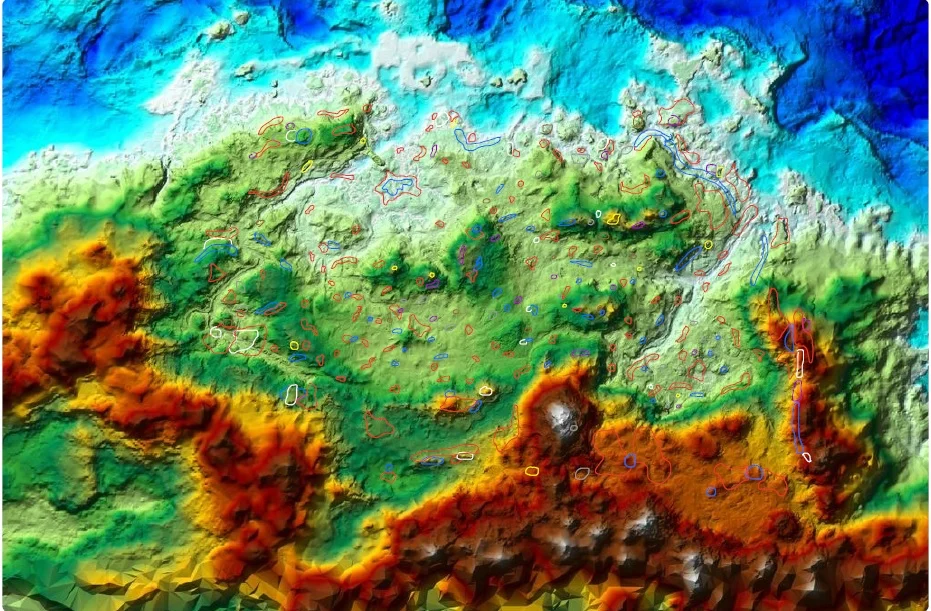 My initial map of Skyrim with ore locations indicated as coloured blobs over the coloured topographic map. Red = iron, blue = corundum, purple = orichalcum, white = quicksilver, grey = silver, yellow = moonstone. (Base map modified from one produced by Tim Cook)