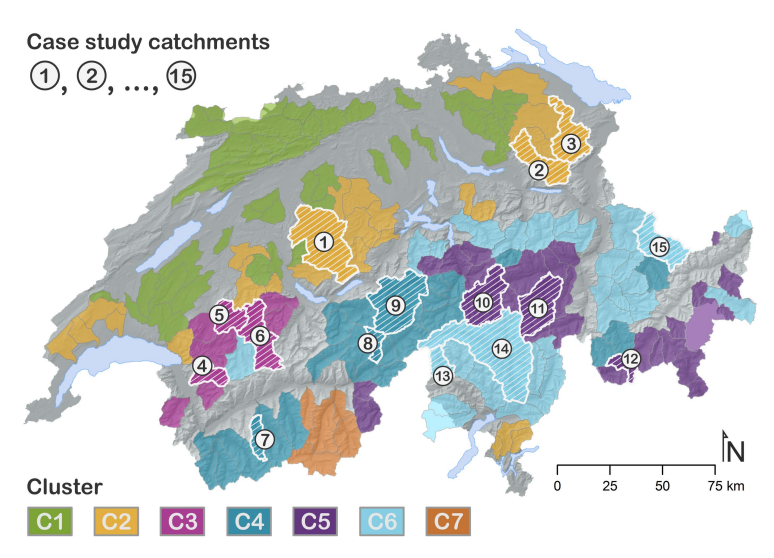 The spatial distribution of the case study catchments and their clustering is shown on the map. Of the seven clusters, C2 to C6 showed the most sensitivity to climate change. (Credit: Köplin et al. 2013)