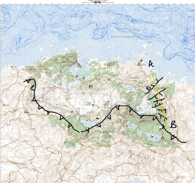 A topographic base map of Skyrim with my annotations of a compressional fault (line with triangles on it, compressing approximately north-south) and extensional faults (lines with little lines on them). The yellow line A-B is showing the location of a cross section cartoon (below). (Map modified from one produced by Tim Cook)