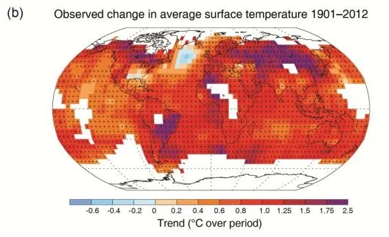 Observed change in average surface temperature 1901-2012 from IPCC Working Group I summary for policymakers (SPM 28).