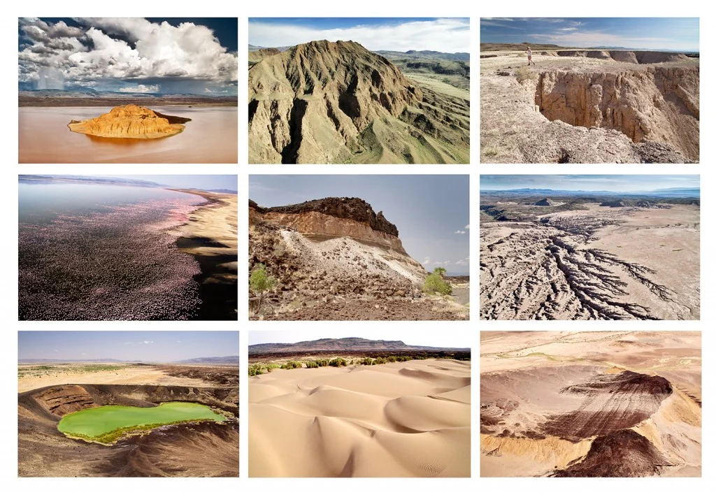 From left to right first row: Lake Logipi during the rainy season; a palaeo-shoreline 300 m above Lake Logipi approximately 10,000 years old (credit: M. Trauth); Lacustrine sediments of the same age. From left to right second row: Flamingos (pink dots) along the shore of Lake Logipi; Mid-Pleistocene lacustrine sediments; Erosion of Holocene lacustrine sediments. From left to right third row: Lake Eight, a maar lake in the southern part of the valley; Sand dunes in the foreground and palaeo-shorelines on the Namarunu volcano in the back; palaeo-shorelines on a small crater in the centre of the valley approximately 5,000 years old. (Credit: Annett Junginger)