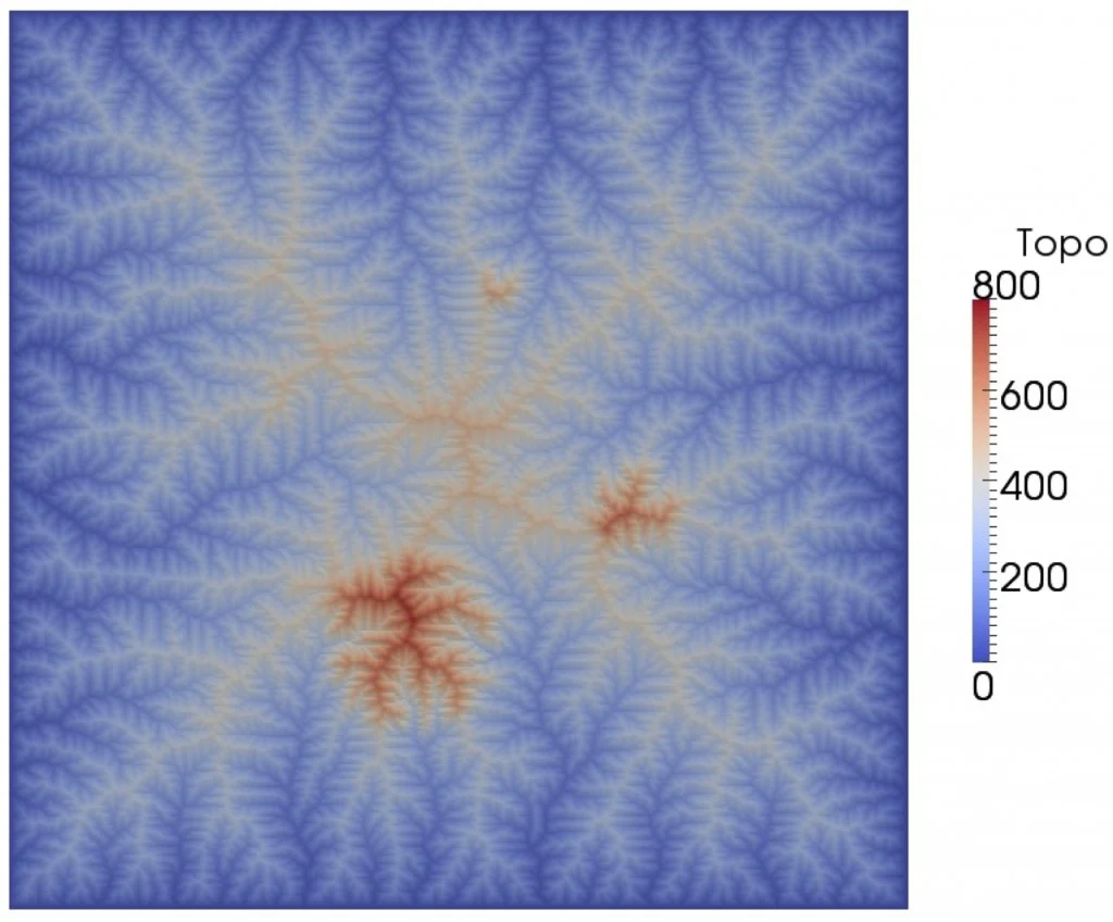 The preliminary results of Braun’s modeling show that denser features form higher elevations (shown in red). (Courtesy of Jean Braun)