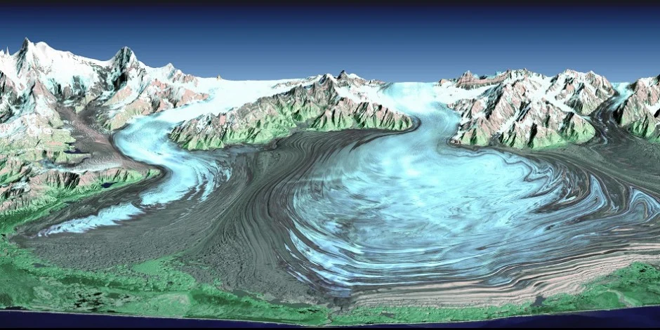 Malaspina Glacier is created by the junction of several powerful glaciers from the North including Agassiz Glacier (left) and Seward Glacier (right). (Credit: SRTM Team NASA/JPL/NIMA)