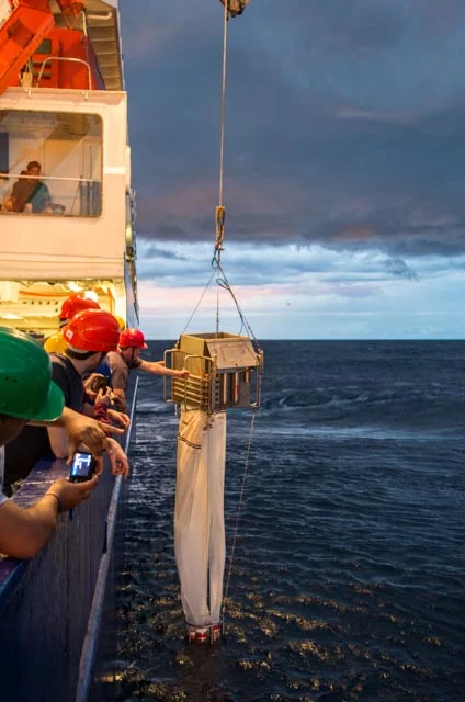The multi net is lowered to a desired depth. On its way back to the surface it recovers plankton samples from varying intervals of the water column. (Credit: Jens Weiser)