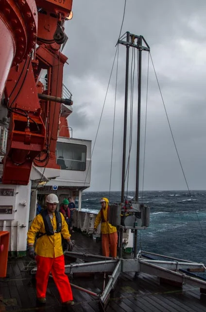 The Vibrocorer is prepared on deck. It is the lowered to the seafloor, where it can recover cores from coarse-grained sediments. (Credit: Jens Weiser)